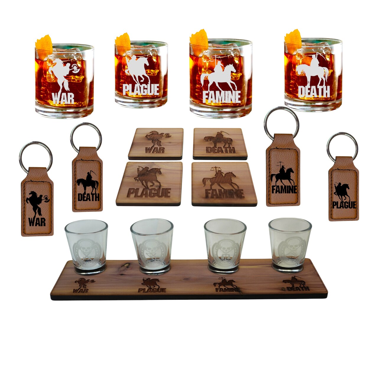4 Horsemen of the Apocalypse - set Flight Board with 4ea Rocks Glasses, shot glasses, Rawhide keychains, Cedar Coasters